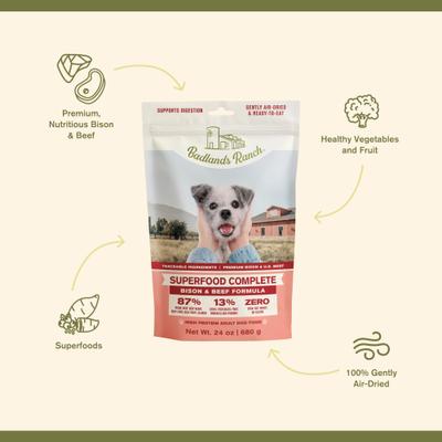 Show full view: Badlands Ranch Superfood Complete Beef & Bison Grain-Free Air-Dried Dog Food, 24-oz bag slide 4 of 8