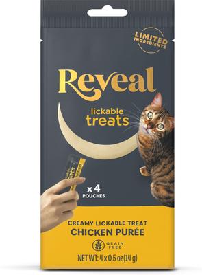 Show full view: Reveal Tuna Puree Grain-Free Lickable Treats, 0.5-oz sachet, 4 count + Reveal Chicken Puree Grain-Free Lickable Cat Treats, 0.5-oz sachet, 4 count slide 2 of 9