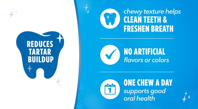 Clean teeth & freshen breath, no artificial flavors or colors, one chew a day