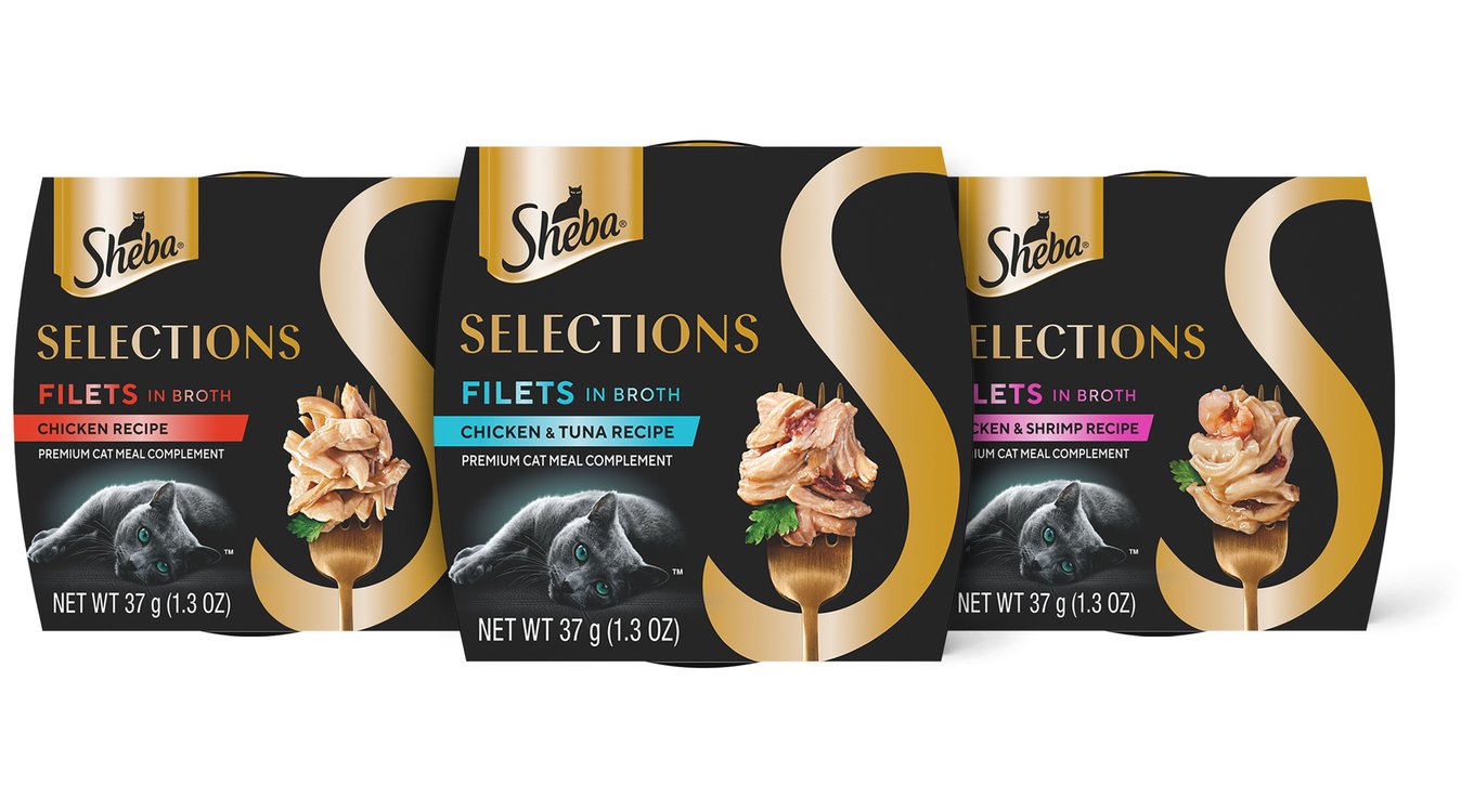 Sheba Selections Filets in Broth Chicken with Tuna &amp; Chicken with Shrimp Variety Pack Grain-Free Cat Meal Complement, 1.3-oz tray, case of 24