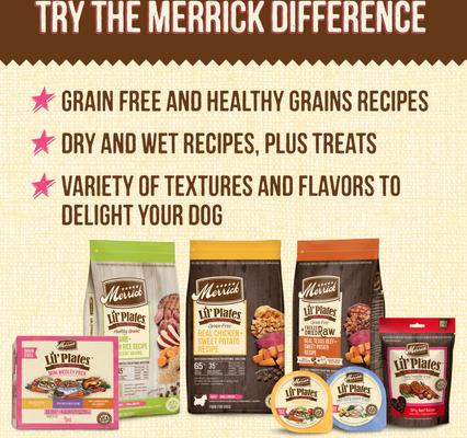 Show full view: Merrick Lil' Plates Grain-Free Small Breed Wet Dog Food Dainty Duck Medley, 3.5-oz tub, case of 12 slide 10 of 13