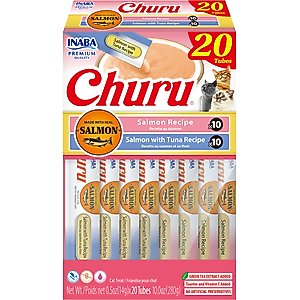 Inaba Churu Salmon & Tuna Variety Creamy Puree Grain-Free Lickable Cat Treats, 0.5-oz tube, 20 count