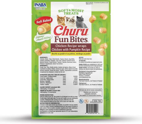 Show full view: Inaba Churu Fun Bites Chicken with Pumpkin Grain-Free Soft & Chewy Cat Treats, 0.42-oz, 3 count slide 3 of 10