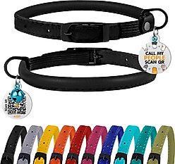BRONZEDOG Leather Cat Collar with Bell, Black Midnight