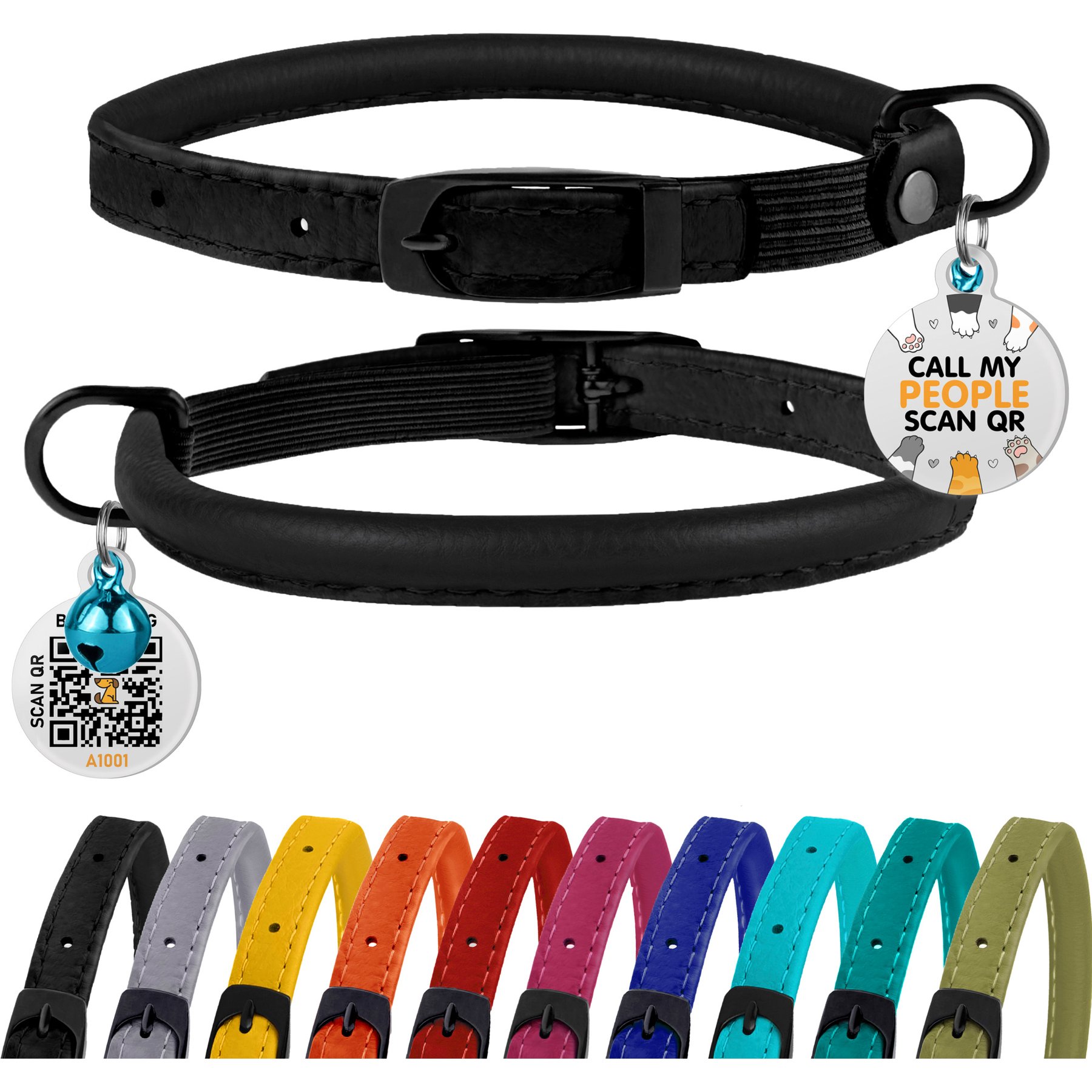 BRONZEDOG Leather Cat Collar with Bell, Black Midnight