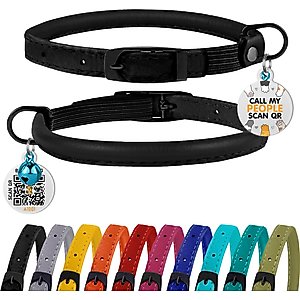 BRONZEDOG Leather Cat Collar with Bell, Black Midnight