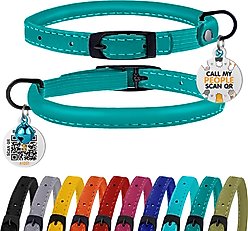 BRONZEDOG Leather Cat Collar with Bell, Teal