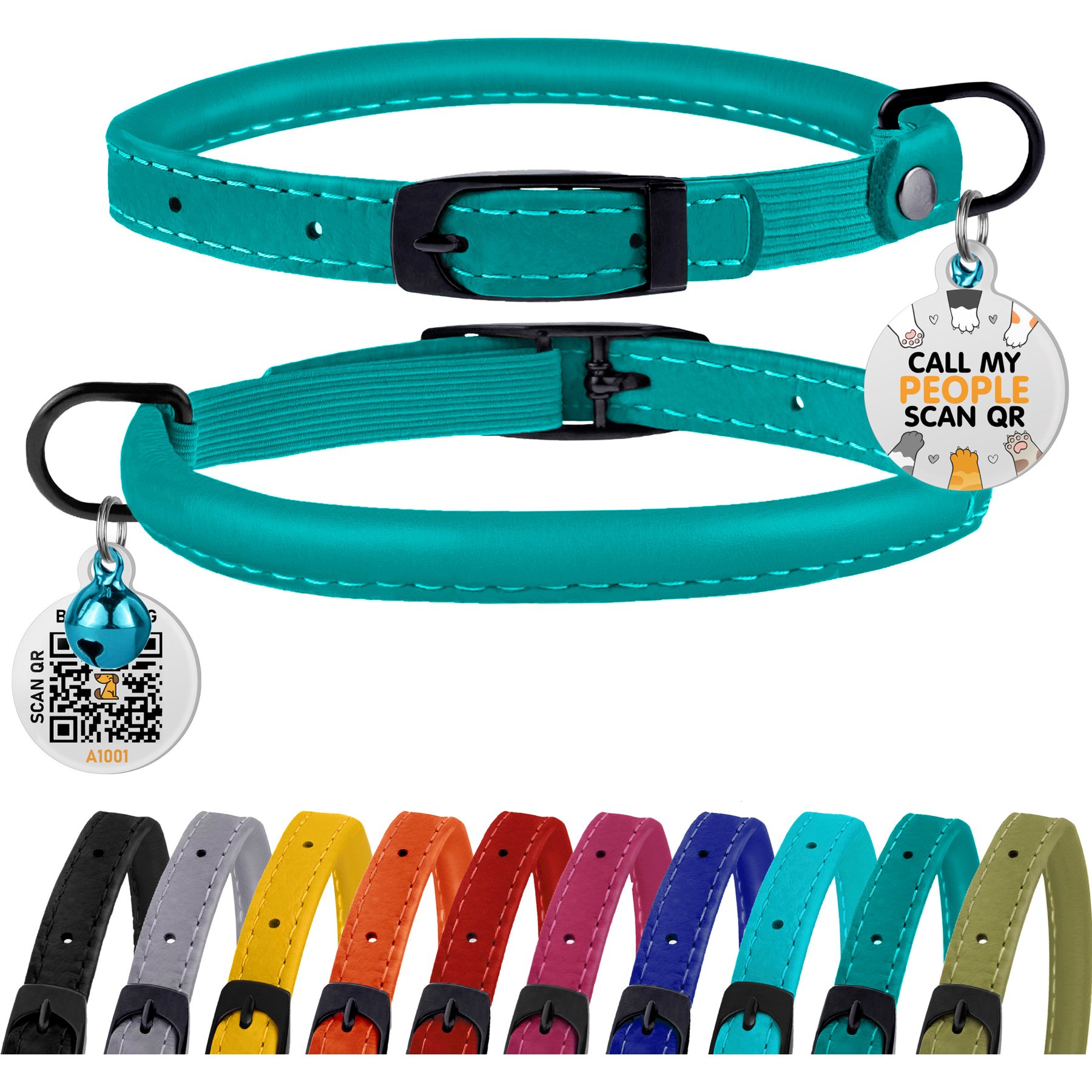BRONZEDOG Leather Cat Collar with Bell, Teal