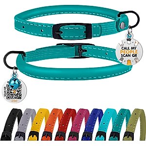 BRONZEDOG Leather Cat Collar with Bell, Teal