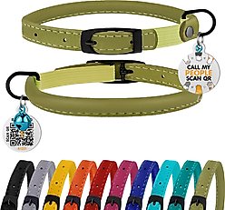 BRONZEDOG Leather Cat Collar with Bell, Olive Green