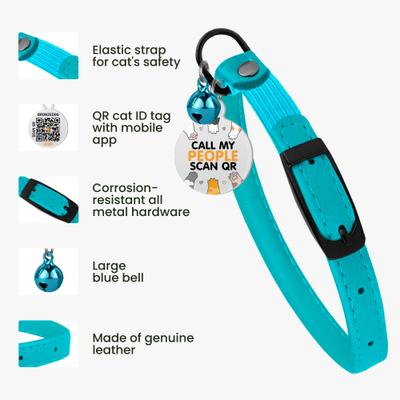 Show full view: BRONZEDOG Leather Cat Collar with Bell, Light Blue slide 2 of 8