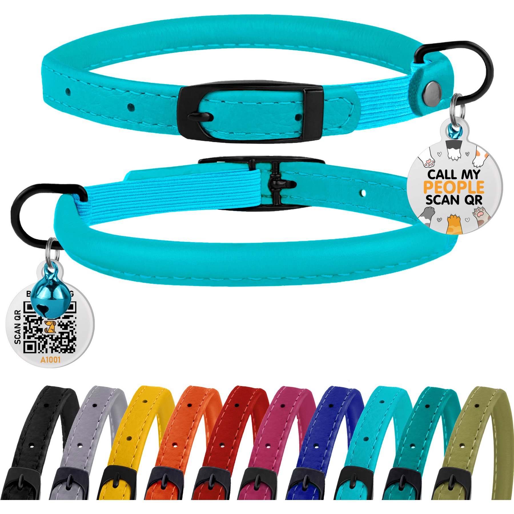BRONZEDOG Leather Cat Collar with Bell, Light Blue