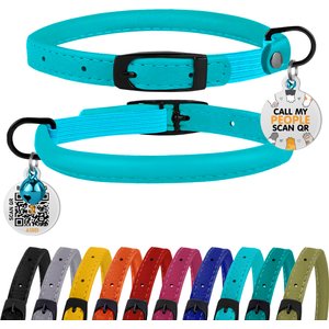 BRONZEDOG Leather Cat Collar with Bell, Light Blue