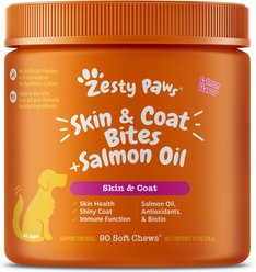 Zesty Paws Skin & Coat Bites Salmon Flavored Soft Chews Salmon Oil Supplement for Dogs, 90 count