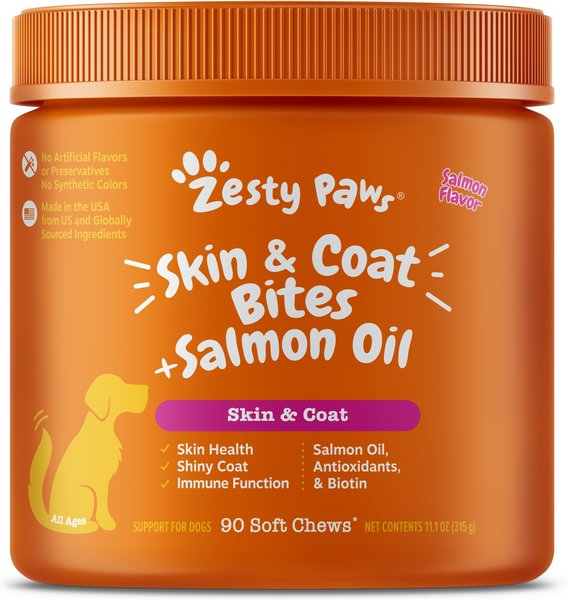 Show full view: Zesty Paws Skin & Coat Bites Salmon Flavored Soft Chews Salmon Oil Supplement for Dogs, 90 count slide 1 of 10