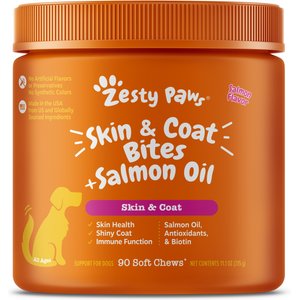 Zesty Paws Skin & Coat Bites Salmon Flavored Soft Chews Salmon Oil Supplement for Dogs, 90 count