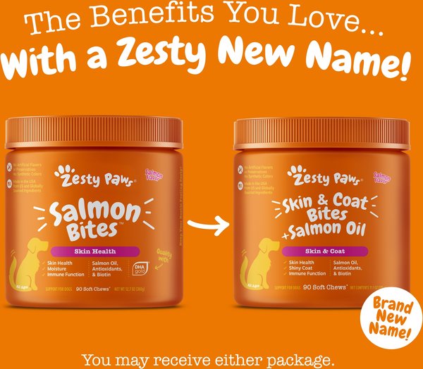 Show full view: Zesty Paws Skin & Coat Bites Salmon Flavored Soft Chews Salmon Oil Supplement for Dogs, 90 count slide 2 of 10