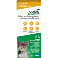 Credelio Quattro Chewable Tablets for Dogs, 3.3-6 lbs, 6 Chewables (6-mos. supply)