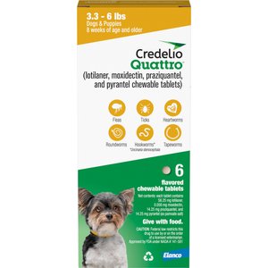 Credelio Quattro Chewable Tablets for Dogs, 3.3-6 lbs, 6 Chewables (6-mos. supply)