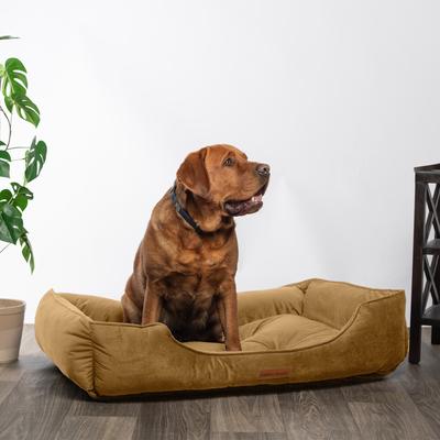 Show full view: MODERN THREADS Luxury Tufted Velvet Cuddler Dog & Cat Bed with Removable Cover, Caramel, 42 x 30 x 10-in slide 4 of 9