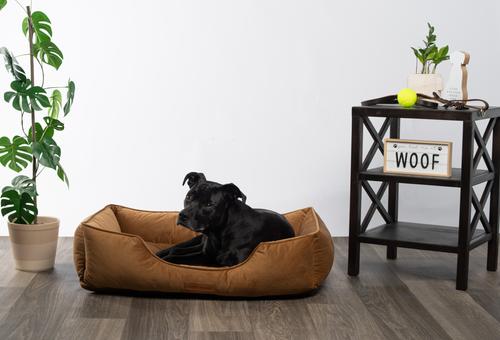 Show full view: MODERN THREADS Luxury Tufted Velvet Cuddler Dog & Cat Bed with Removable Cover, Caramel, 34 x 25 x 9-in slide 4 of 8