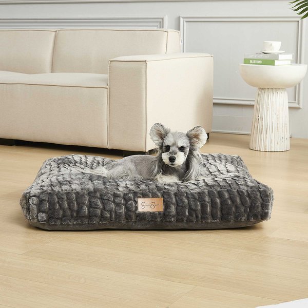 Show full view: JESSICA SIMPSON Faux Fur Calming Pillow Dog & Cat Bed with Removable Cover, Dark Grey slide 1 of 4