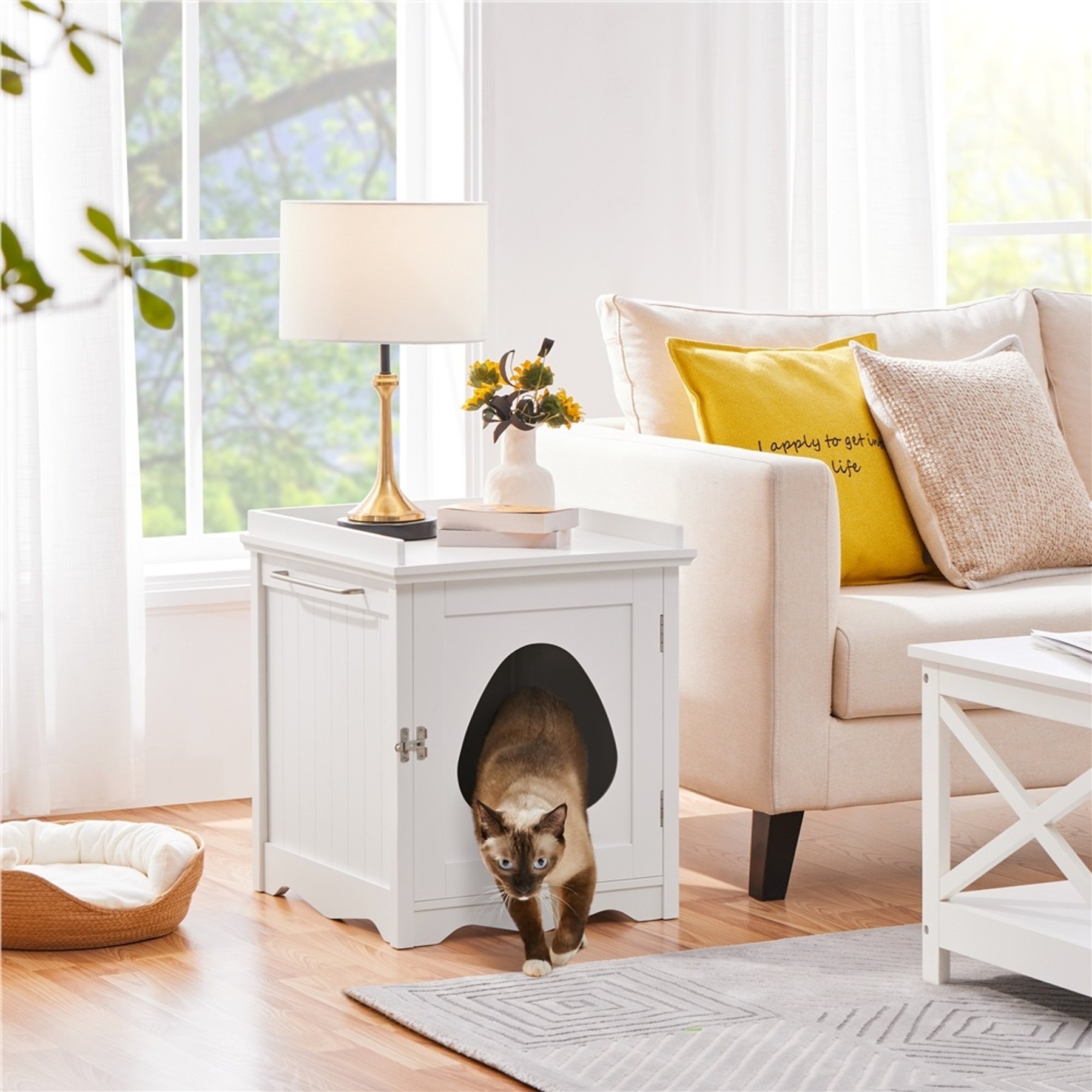 Yaheetech Wooden Cat Litter Box Enclosure with Towel Bar, White