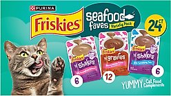 Friskies Seafood Favorites Variety Pack Lickable Gravy Cat Food Complement, 1.5-oz pouch, case of 24