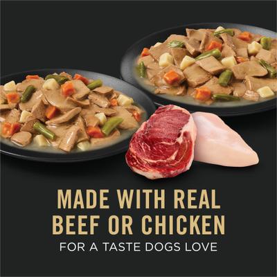 Show full view: Purina Pro Plan Complete Essentials Variety Pack Beef & Vegetable & Chicken & Vegetable Entrée Slices in Gravy Wet Dog Food, 13-oz can, case of 12 slide 4 of 12