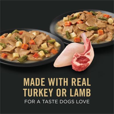 Show full view: Purina Pro Plan Complete Essentials Variety Pack Adult High Protein Lamb & Vegetables, Turkey & Vegetables Slices in Gravy Wet Dog Food, 13-oz can, case of 12 slide 4 of 12
