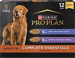Purina Pro Plan Complete Essentials Variety Pack Adult High Protein Lamb & Vegetables, Turkey & Vegetables Slices in Gravy Wet Dog Food, 13-oz can, case of 12