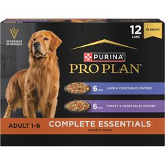 Purina Pro Plan Complete Essentials Variety Pack Adult High Protein Lamb & Vegetables, Turkey & Vegetables Slices in Gravy Wet Dog Food, 13-oz can, case of 12