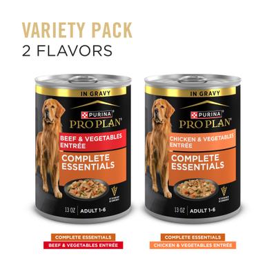 Show full view: Purina Pro Plan Complete Essentials Variety Pack Beef & Vegetable & Chicken & Vegetable Entrée Slices in Gravy Wet Dog Food, 13-oz can, case of 12 slide 6 of 12