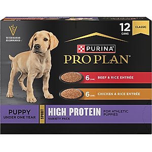 Purina Pro Plan Sport Development Puppy High Protein Beef & Rice Entrée & Chicken & Rice Entrée Variety Pack Wet Dog Food, 13-oz can, case of 12
