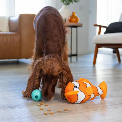 Show full view: Outward Hound Big Mouthz Interactive Plush Puzzle with Treat Ball, Clown Fish Dog Toy, Orange slide 9 of 11