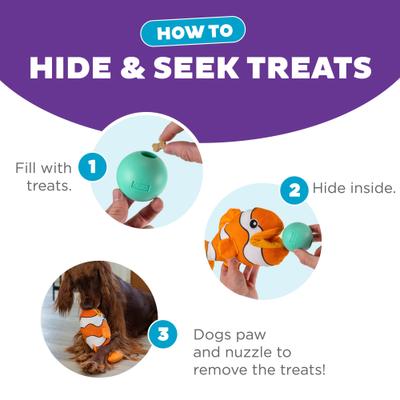 Show full view: Outward Hound Big Mouthz Interactive Plush Puzzle with Treat Ball, Clown Fish Dog Toy, Orange slide 5 of 11