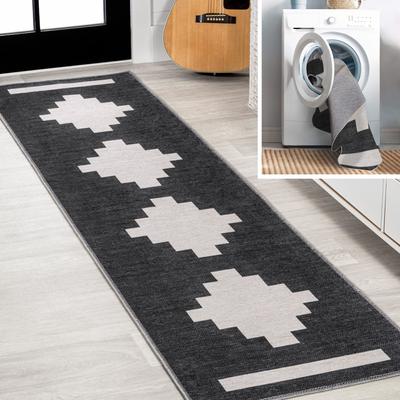 Show full view: JONATHAN Y Adriel Geometric Medallion Machine-Washable Dog & Cat Area Rug, Black/Cream, 2 x 8-ft slide 4 of 9