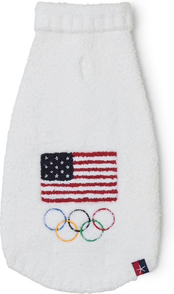 Show full view: Barefoot Dreams CozyChic Team USA Flag Olympic Ring Dog Sweater, Pearl Multi, 3X-Large slide 1 of 2