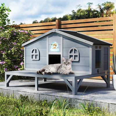Show full view: Coziwow Wooden Outdoor Cat House with Balcony, Grey slide 6 of 11