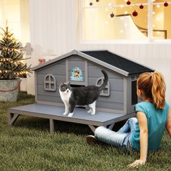 Coziwow Wooden Outdoor Cat House with Balcony, Grey slide 2 of 9