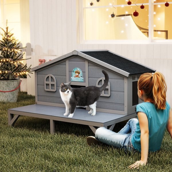 Coziwow Wooden Outdoor Cat House with Balcony, Grey