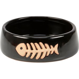 Primitives By Kathy Fishbones Ceramic Dog & Cat Bowl, Black, 2-cup