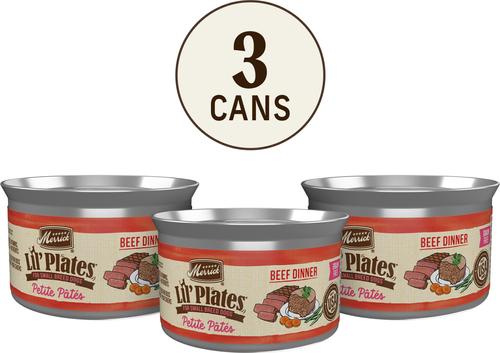 Show full view: Merrick Lil' Plates Petite Pates Premium Grain-Free Beef Dinner Wet Dog Food, 3-oz can, case of 3 slide 3 of 12