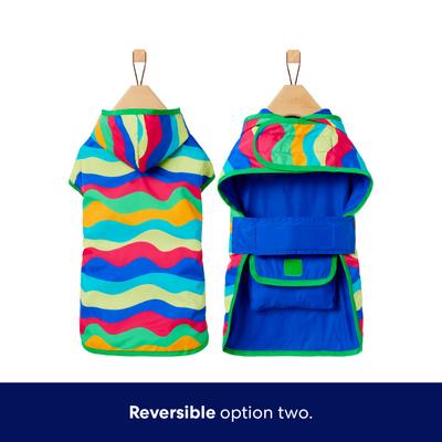 Show full view: Frisco Tropical Wave Stripe & Blue Packable Reversible Dog Raincoat, Blue, X-Small slide 4 of 11