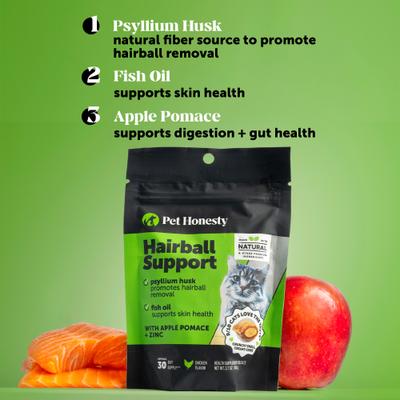 Show full view: Pet Honesty Hairball Control Chicken Flavored Chews Digestive Support Supplement for Cats, 3.7-oz pouch, 2 count slide 3 of 12