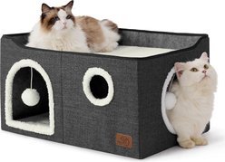 Bedsure Cat Cave with Fluffy Ball & Scratch Pad Plush Sherpa Foldable Cat House, Widen, Dark Grey
