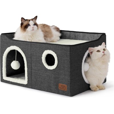 Bedsure Bedsure Cat Cave with Fluffy Ball & Scratch Pad Plush Sherpa Foldable Cat House, Widen, Dark Grey