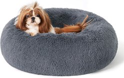 Bedsure Calming Fluffy Plush Faux Fur Orthopedic Anti-Slip Donut Dog & Cat Bed, Dark Grey, Small Plus