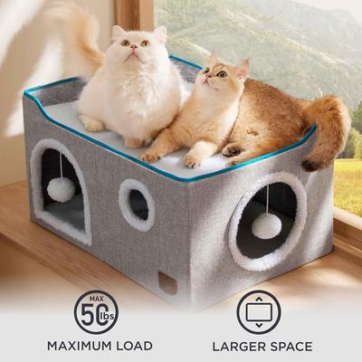 Show full view: Bedsure Cat Cave with Fluffy Ball & Scratch Pad Plush Sherpa Foldable Cat House, Widen, Grey slide 5 of 8