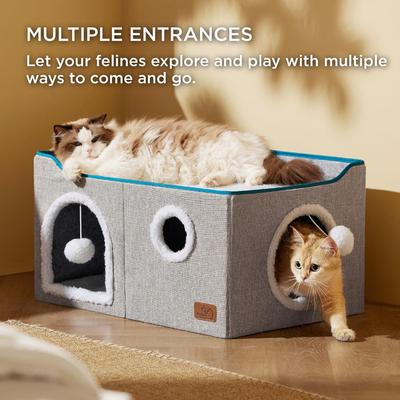 Show full view: Bedsure Cat Cave with Fluffy Ball & Scratch Pad Plush Sherpa Foldable Cat House, Widen, Grey slide 3 of 8